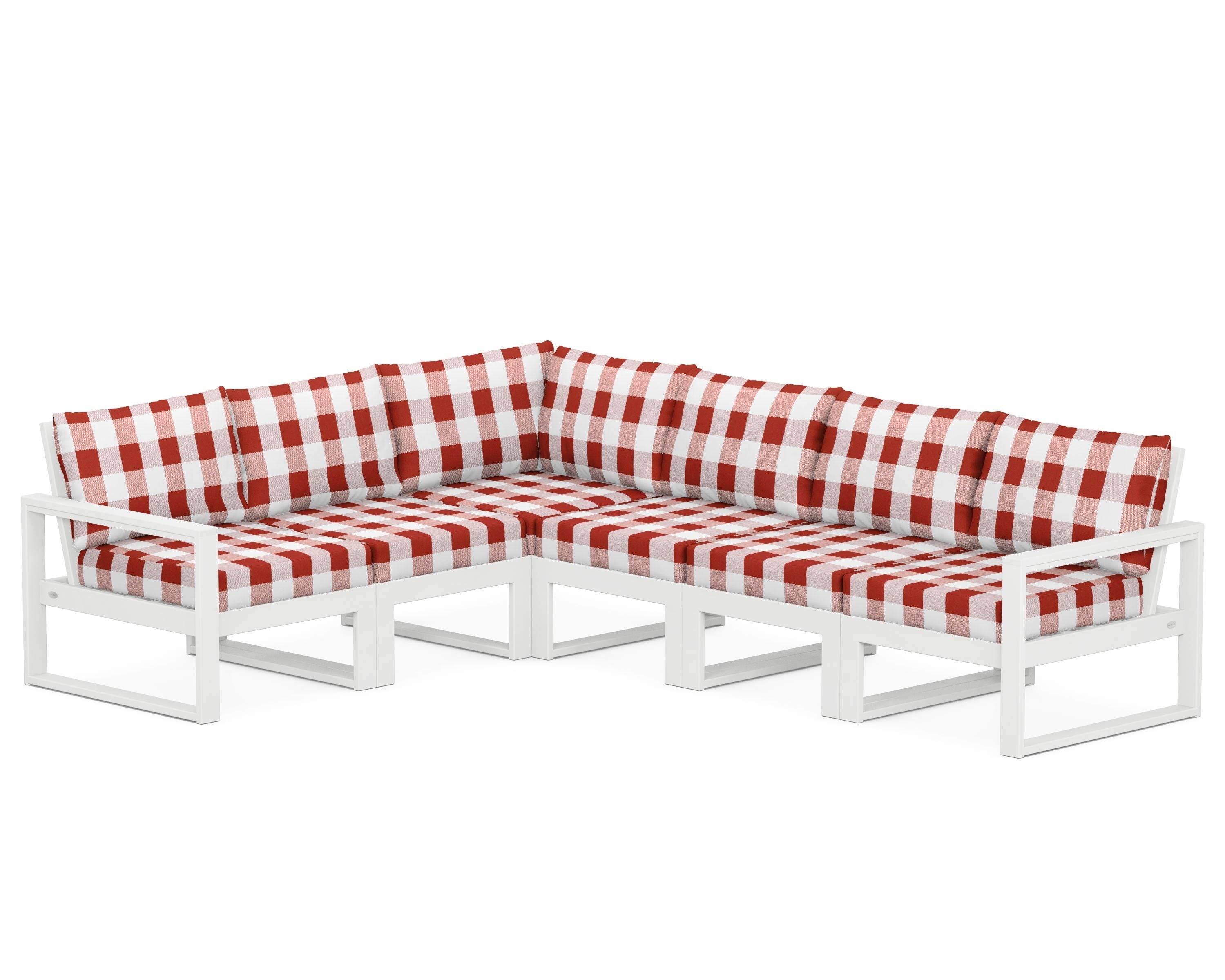 POLYWOOD® EDGE 6-Piece Modular Deep Seating Set in White / Buffalo Plaid Crimson