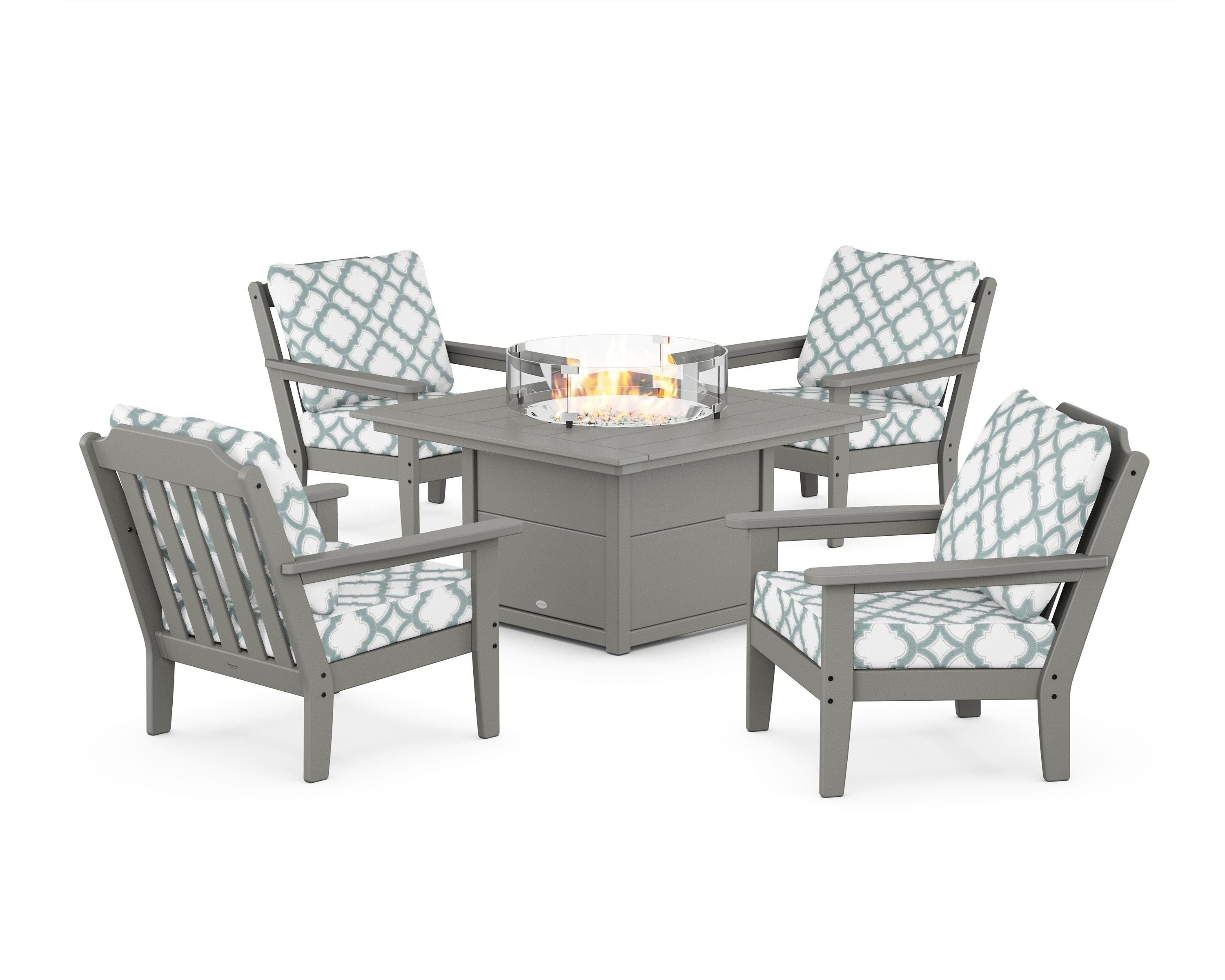 Country Living Cottage 5-Piece Deep Seating Set with Fire Pit Table in Slate Grey / Trellis Glacier Spa