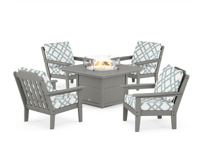 Country Living Cottage 5-Piece Deep Seating Set with Fire Pit Table in Slate Grey / Trellis Glacier Spa