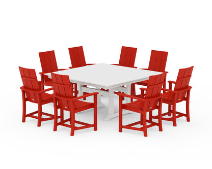 POLYWOOD® Modern Adirondack 9-Piece Farmhouse Trestle Dining Set in Sunset Red / White