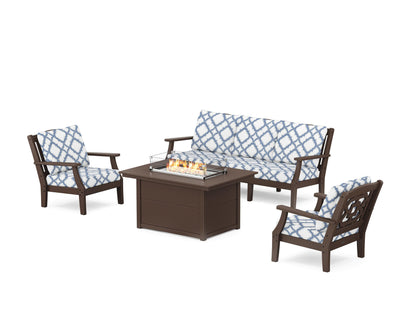 Martha Stewart by POLYWOOD® Chinoiserie Deep Seating Fire Pit Table Set in Mahogany / Trellis Sky Blue