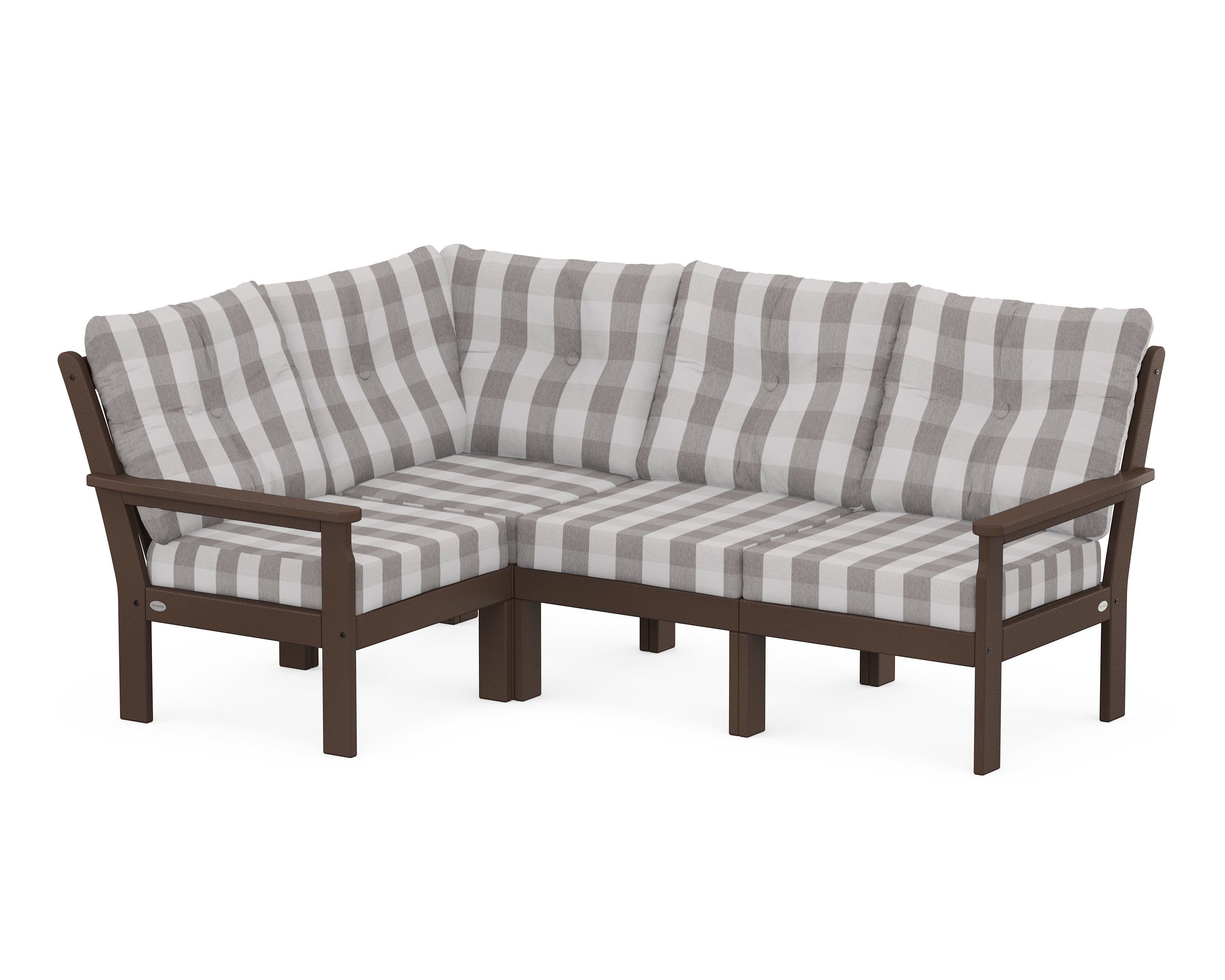 POLYWOOD® Vineyard 4-Piece Sectional in Mahogany / Buffalo Plaid Grey Mist