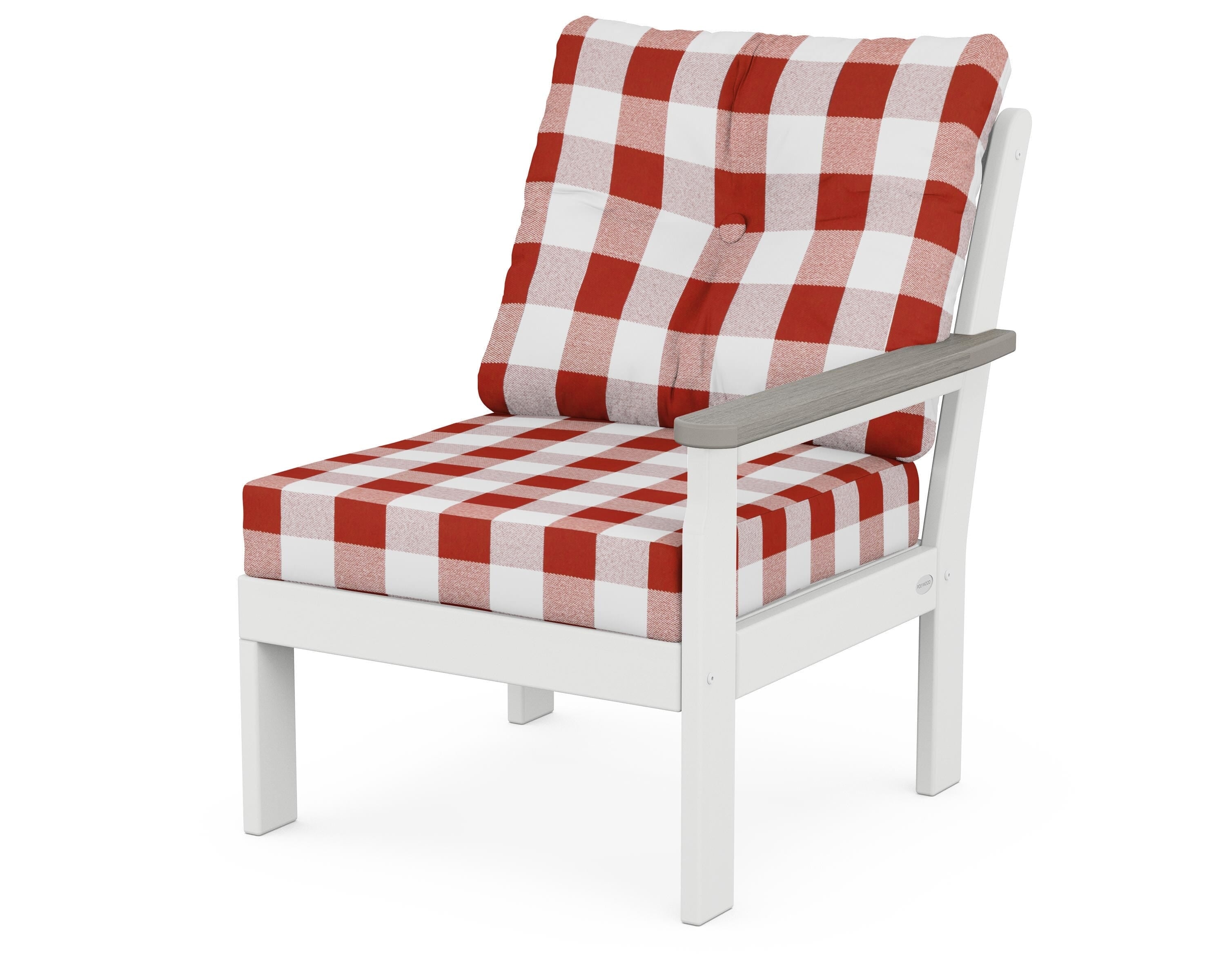 POLYWOOD® Vineyard Modular Right Arm Chair in White / Driftwood / Buffalo Plaid Crimson