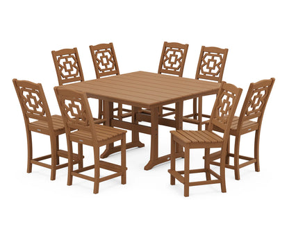 Chinoiserie 9-Piece Square Farmhouse Side Chair Counter Set with Trestle Legs