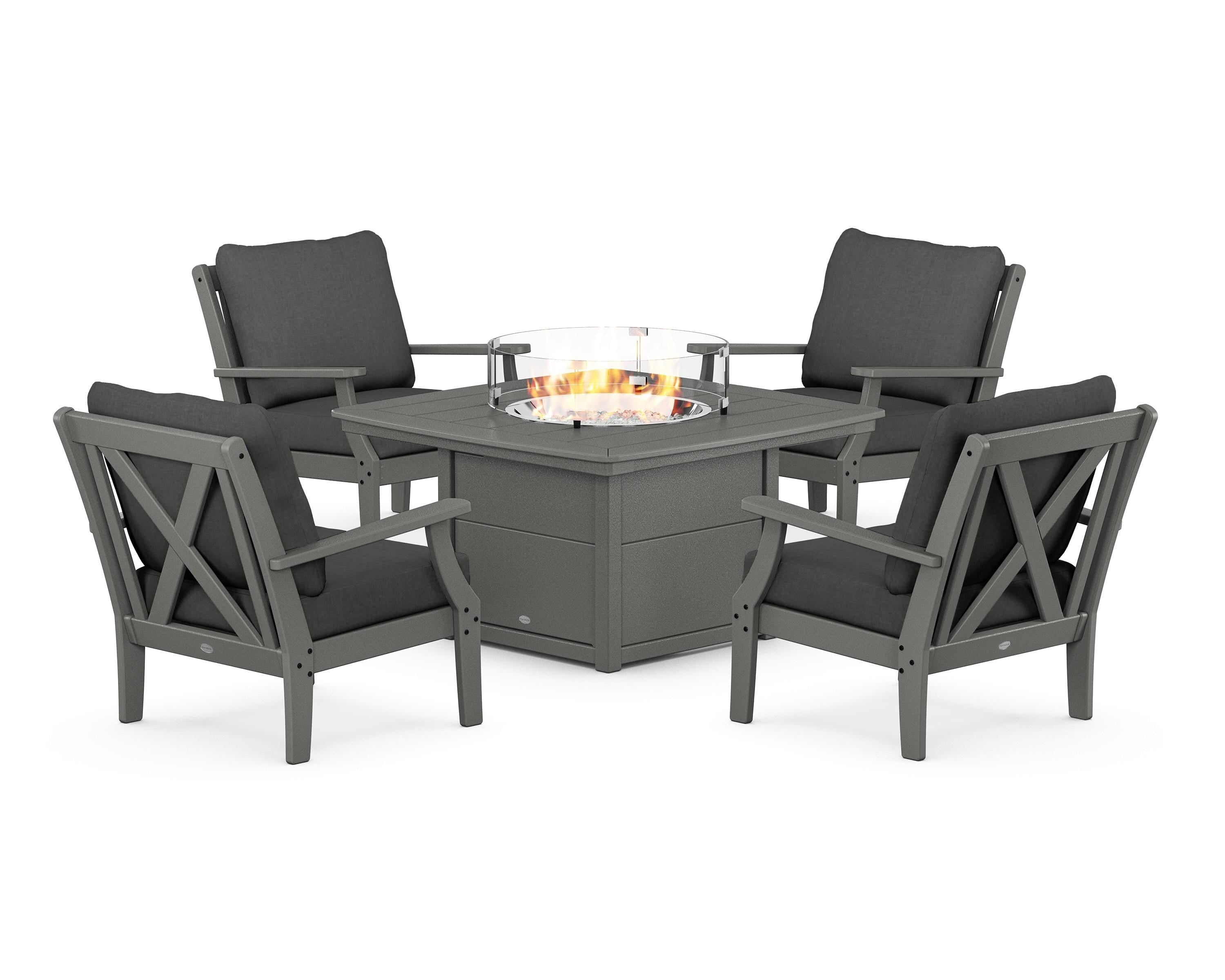 POLYWOOD® Braxton 5-Piece Deep Seating Conversation Set with Fire Pit Table in Slate Grey / Spectrum Carbon