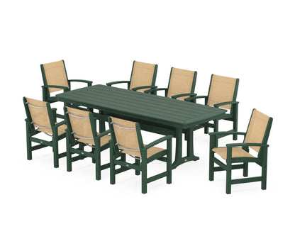 POLYWOOD® Coastal 9-Piece Dining Set with Trestle Legs in Green / Dupioni Apricot Sling