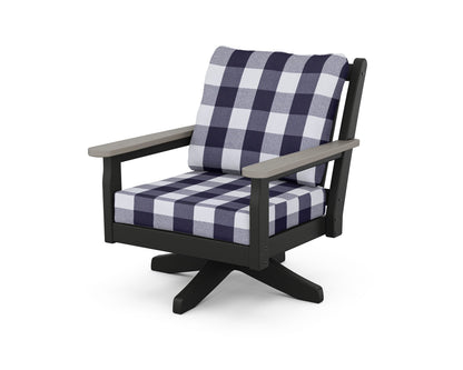 POLYWOOD® Chippendale Deep Seating Swivel Chair in Black / Driftwood / Buffalo Plaid Navy