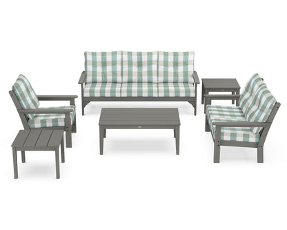 POLYWOOD® Vineyard 6-Piece Deep Seating Set in Slate Grey / Buffalo Plaid Glacier Spa