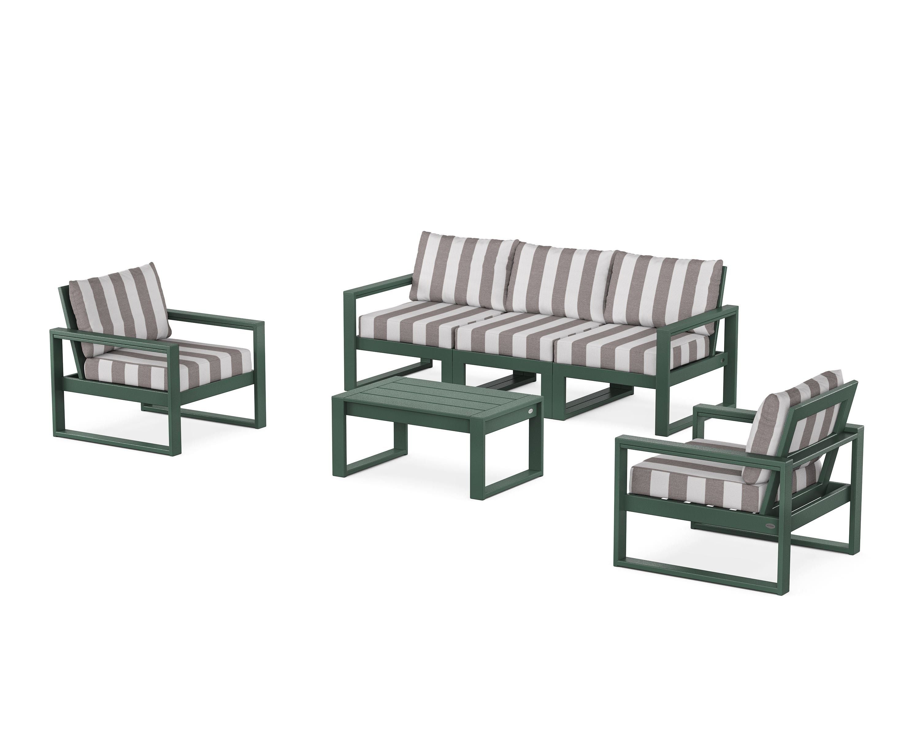 POLYWOOD® EDGE Sectional 4-Piece Deep Seating Set with Sofa in Green / Cabana Stripe Grey Mist