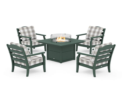 Draper James™ by  POLYWOOD® Savannah 5-Piece Deep Seating Set with Fire Pit Table in Green / Buffalo Plaid Grey Mist