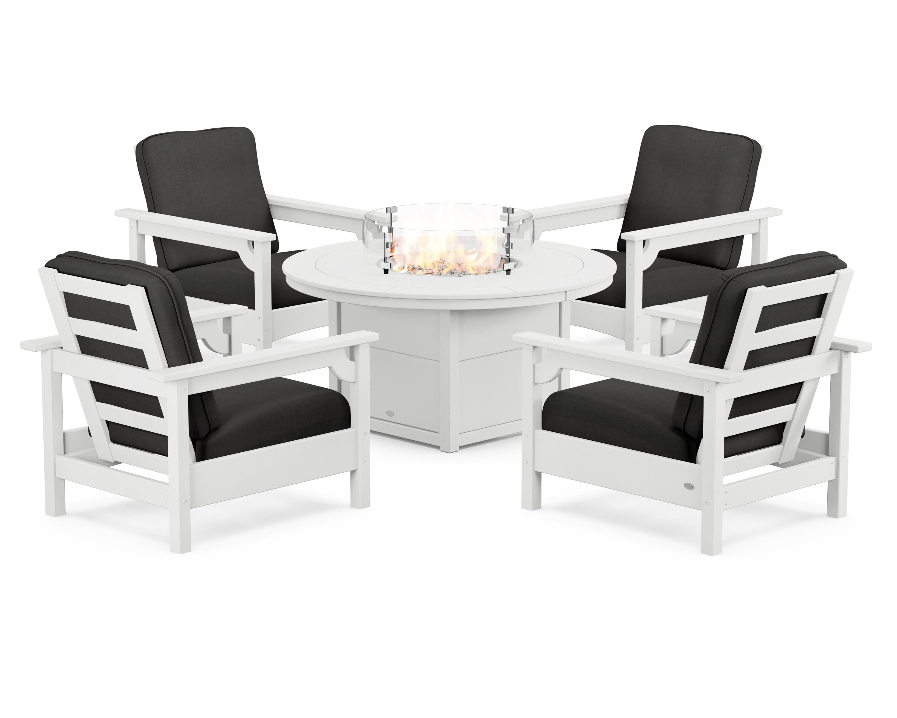 POLYWOOD® Club 5-Piece Conversation Set with Fire Pit Table in White / Spectrum Carbon
