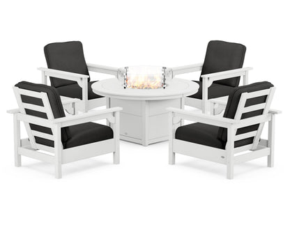 POLYWOOD® Club 5-Piece Conversation Set with Fire Pit Table in White / Spectrum Carbon