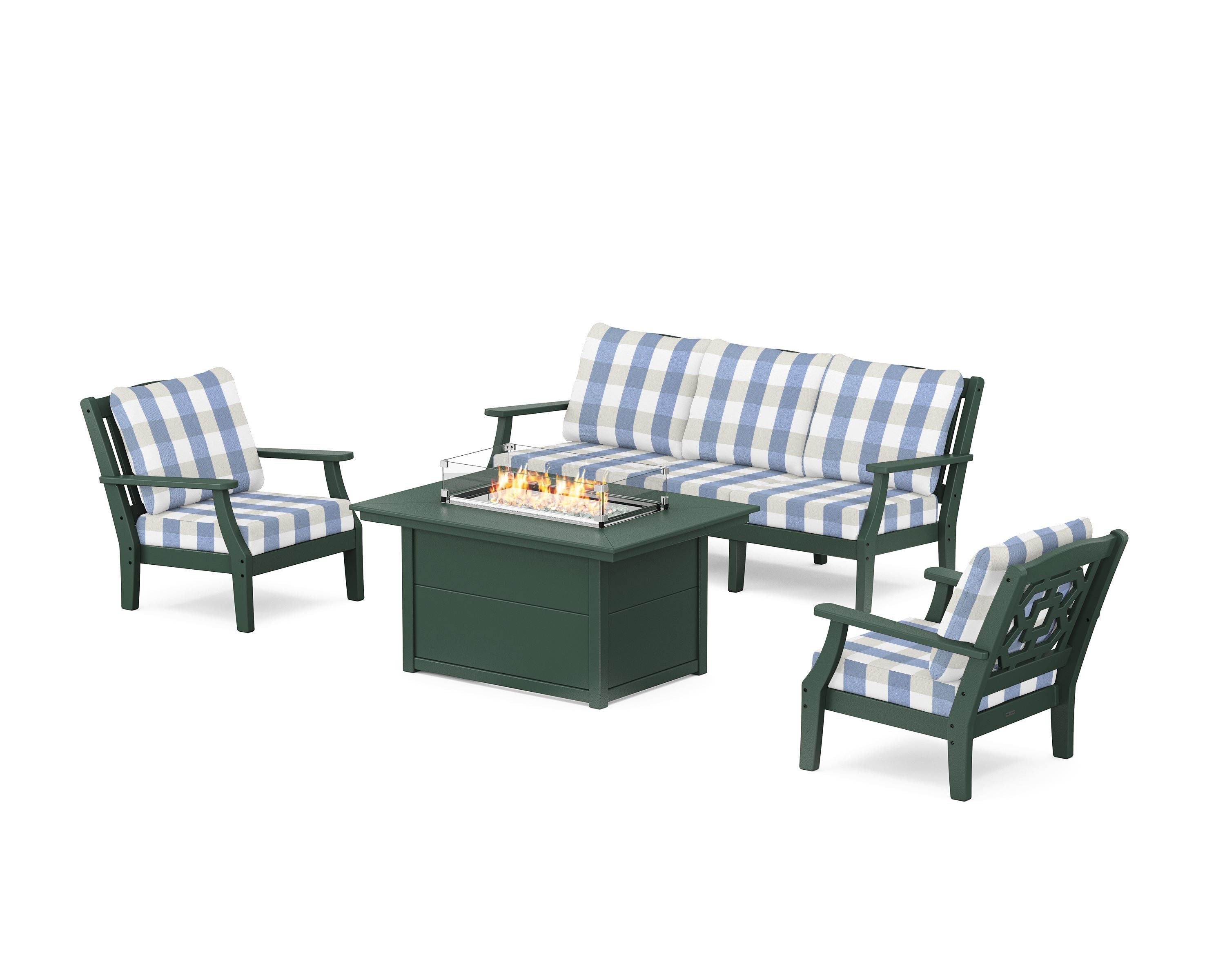 Martha Stewart by POLYWOOD® Chinoiserie Deep Seating Fire Pit Table Set in Green / Buffalo Plaid Sky Blue
