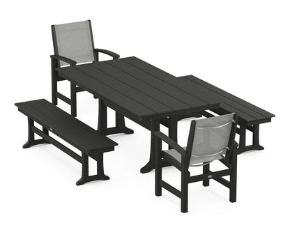 POLYWOOD® Coastal 5-Piece Farmhouse Dining Set with Trestle Legs and Benches in Black / Metallic Sling