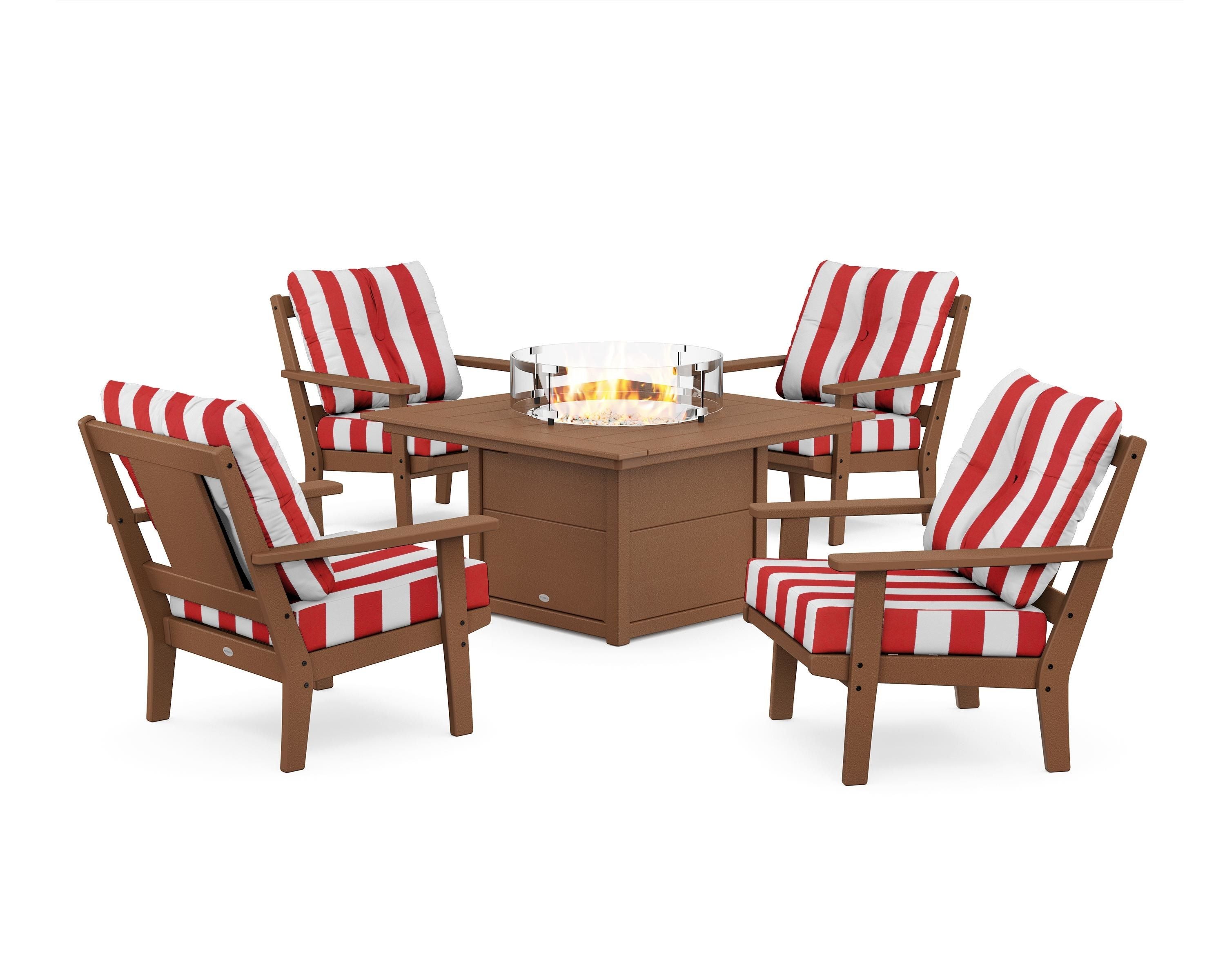 POLYWOOD® Prairie 5-Piece Deep Seating Set with Fire Pit Table in Teak / Cabana Stripe Crimson