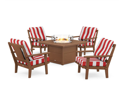 POLYWOOD® Prairie 5-Piece Deep Seating Set with Fire Pit Table in Teak / Cabana Stripe Crimson