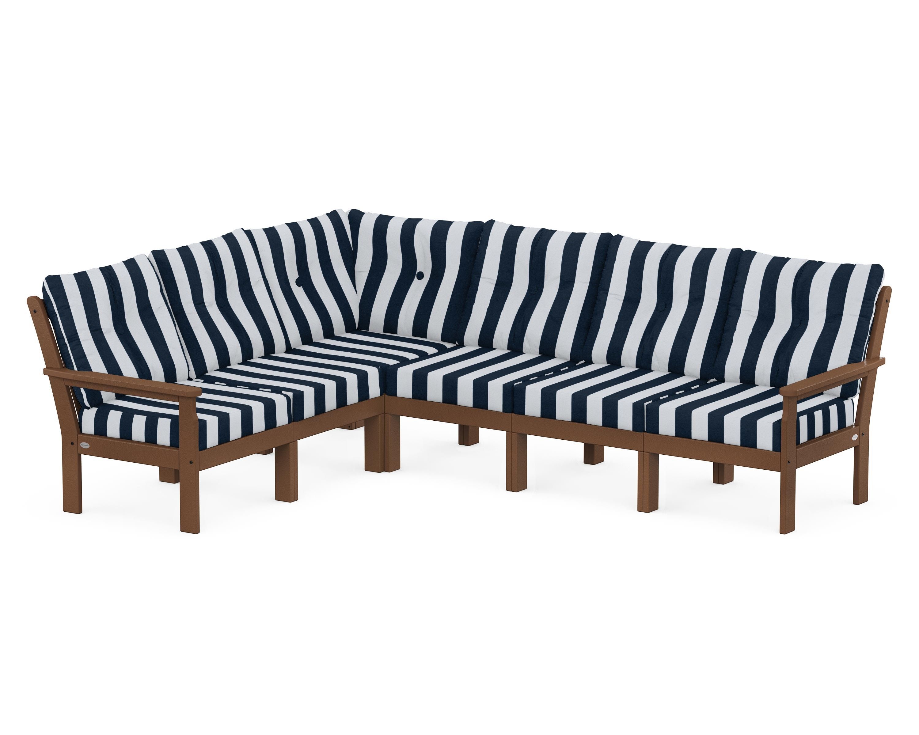 POLYWOOD® Vineyard 6-Piece Sectional in Teak / Cabana Stripe Marine Indigo