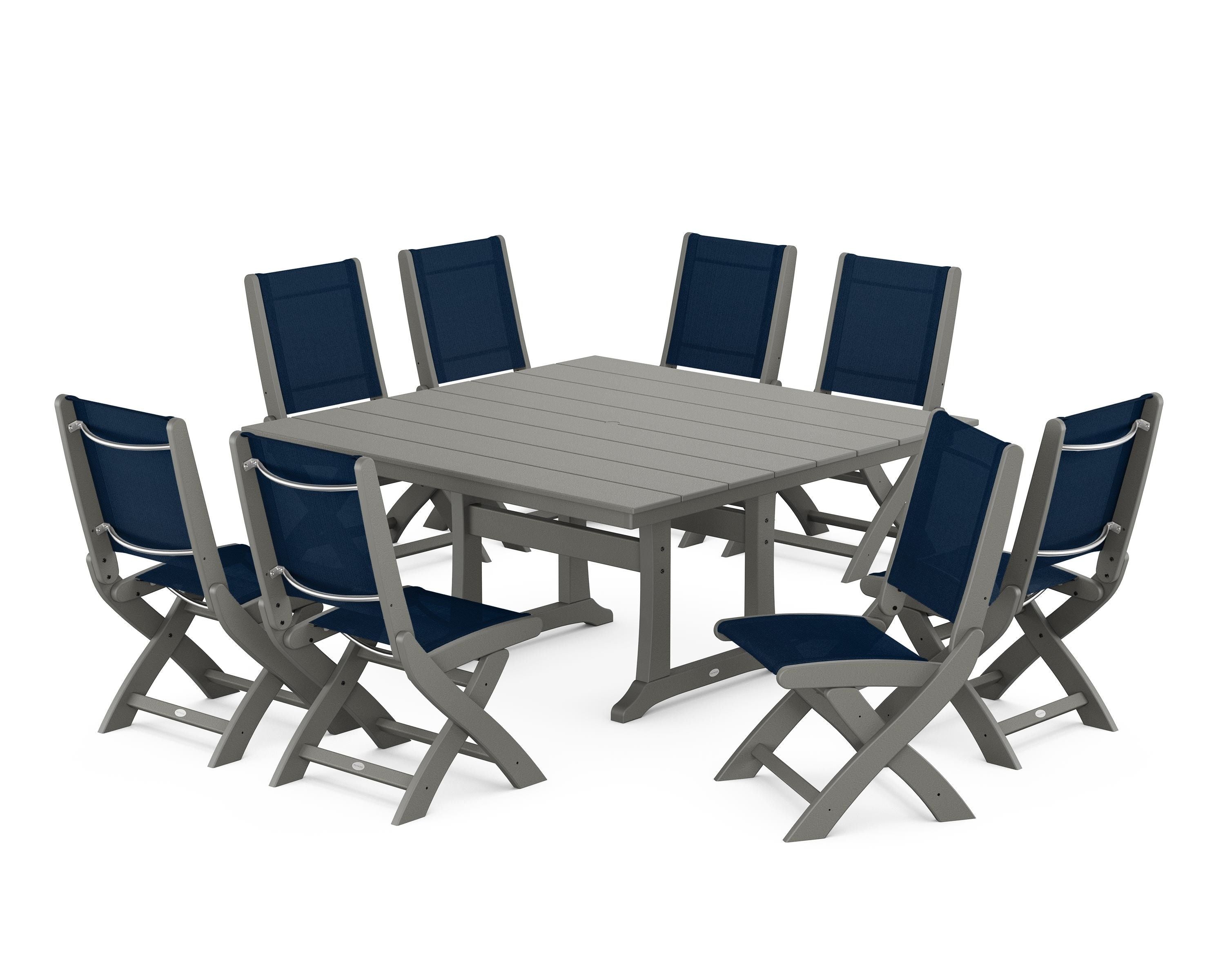 POLYWOOD® Coastal Folding Side Chair 9-Piece Farmhouse Dining Set in Slate Grey / Navy Blue Sling