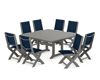 POLYWOOD® Coastal Folding Side Chair 9-Piece Farmhouse Dining Set in Slate Grey / Navy Blue Sling