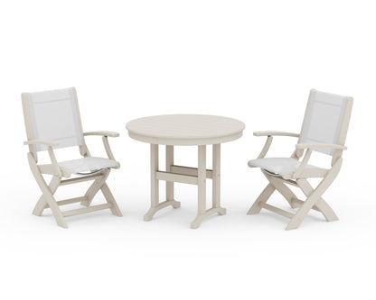 POLYWOOD® Coastal Folding Chair 3-Piece Round Dining Set in Sand / White Sling