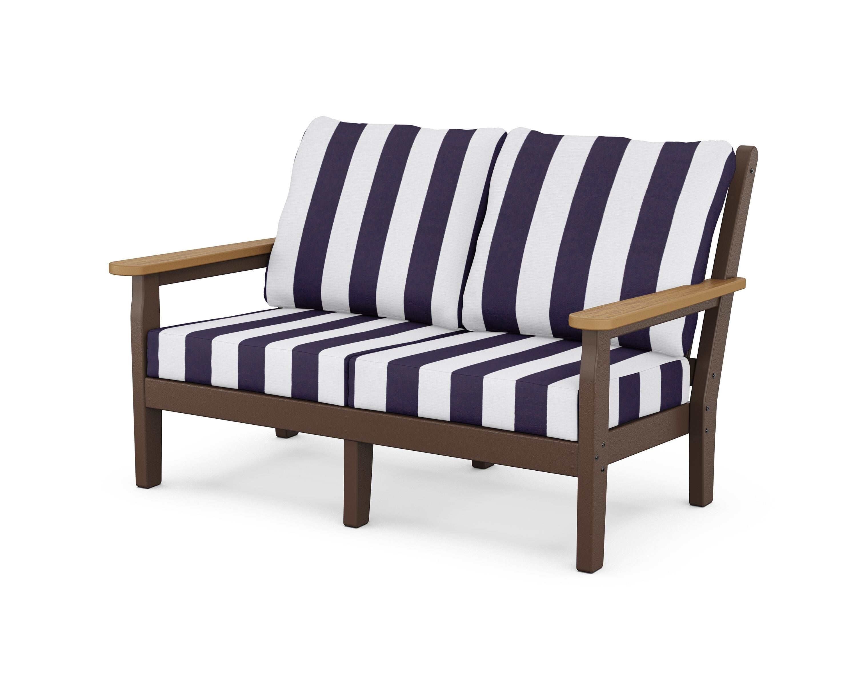 POLYWOOD® Chippendale Deep Seating Loveseat in Mahogany / Natural / Cabana Stripe Navy
