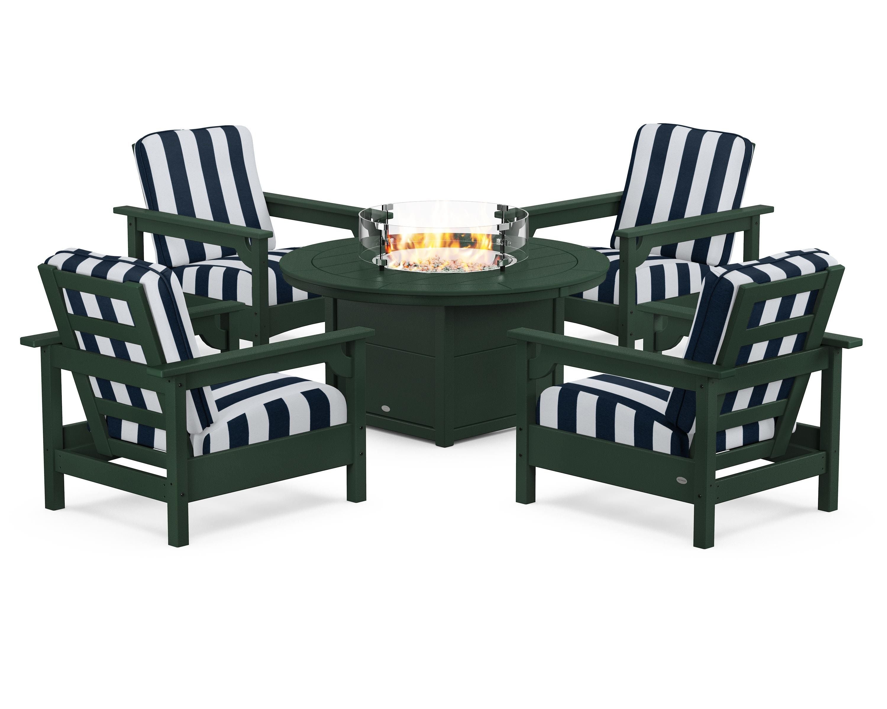 POLYWOOD® Club 5-Piece Conversation Set with Fire Pit Table in Green / Cabana Stripe Marine Indigo