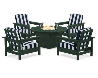 POLYWOOD® Club 5-Piece Conversation Set with Fire Pit Table in Green / Cabana Stripe Marine Indigo