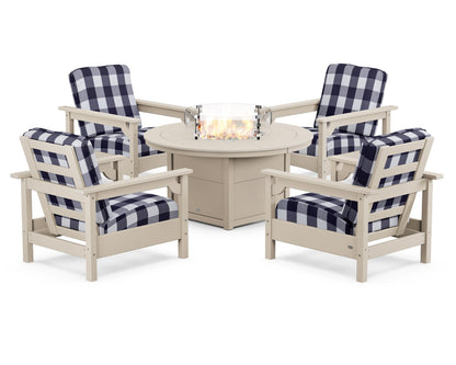POLYWOOD® Club 5-Piece Conversation Set with Fire Pit Table in Sand / Buffalo Plaid Navy