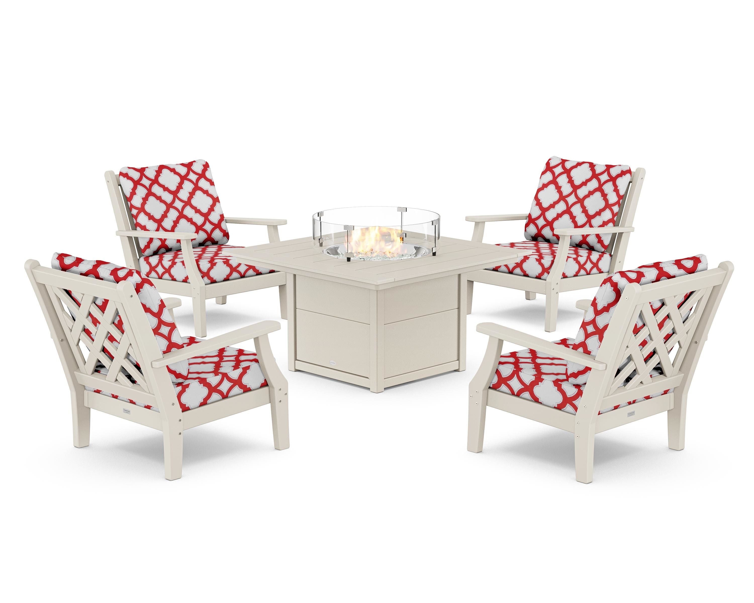 Country Living Wovendale 5-Piece Deep Seating Set with Fire Pit Table in Sand / Trellis Crimson