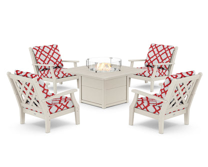 Country Living Wovendale 5-Piece Deep Seating Set with Fire Pit Table in Sand / Trellis Crimson