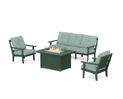 POLYWOOD® Oxford Deep Seating Fire Pit Table Set in Green / Glacier Spa