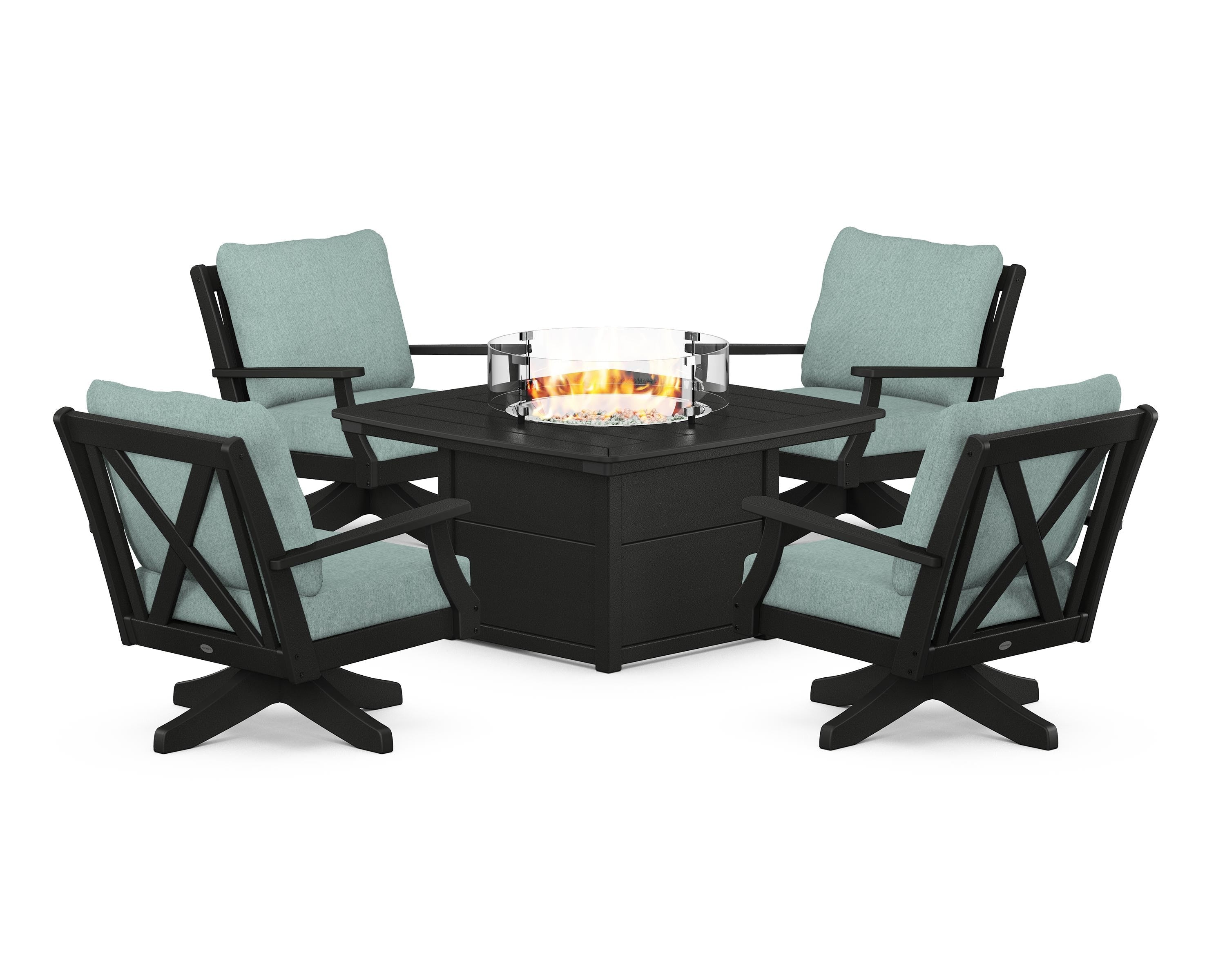 POLYWOOD® Braxton 5-Piece Deep Seating Swivel Conversation Set with Fire Pit Table in Black / Glacier Spa