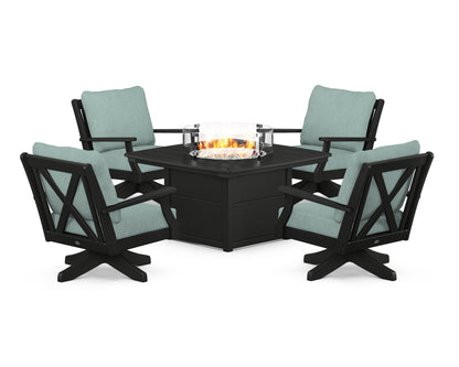 POLYWOOD® Braxton 5-Piece Deep Seating Swivel Conversation Set with Fire Pit Table in Black / Glacier Spa