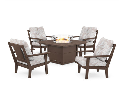 POLYWOOD® Prairie 5-Piece Deep Seating Set with Fire Pit Table in Mahogany / Leaf Dune Burlap