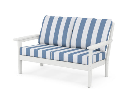 Country Living Cottage Deep Seating Loveseat in White / Cabana Stripe Sky Blue