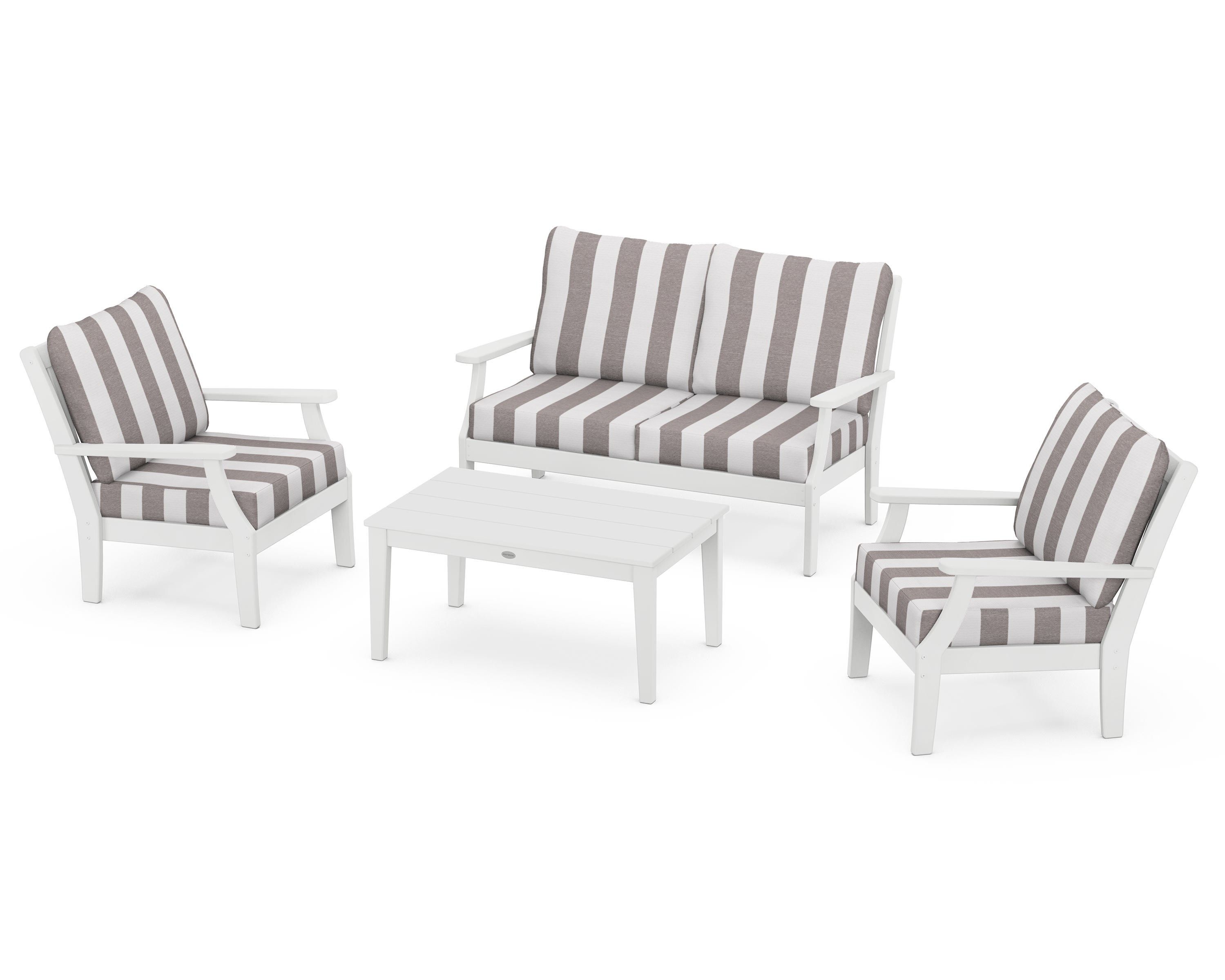 POLYWOOD® Braxton 4-Piece Deep Seating Chair Set in White / Cabana Stripe Grey Mist