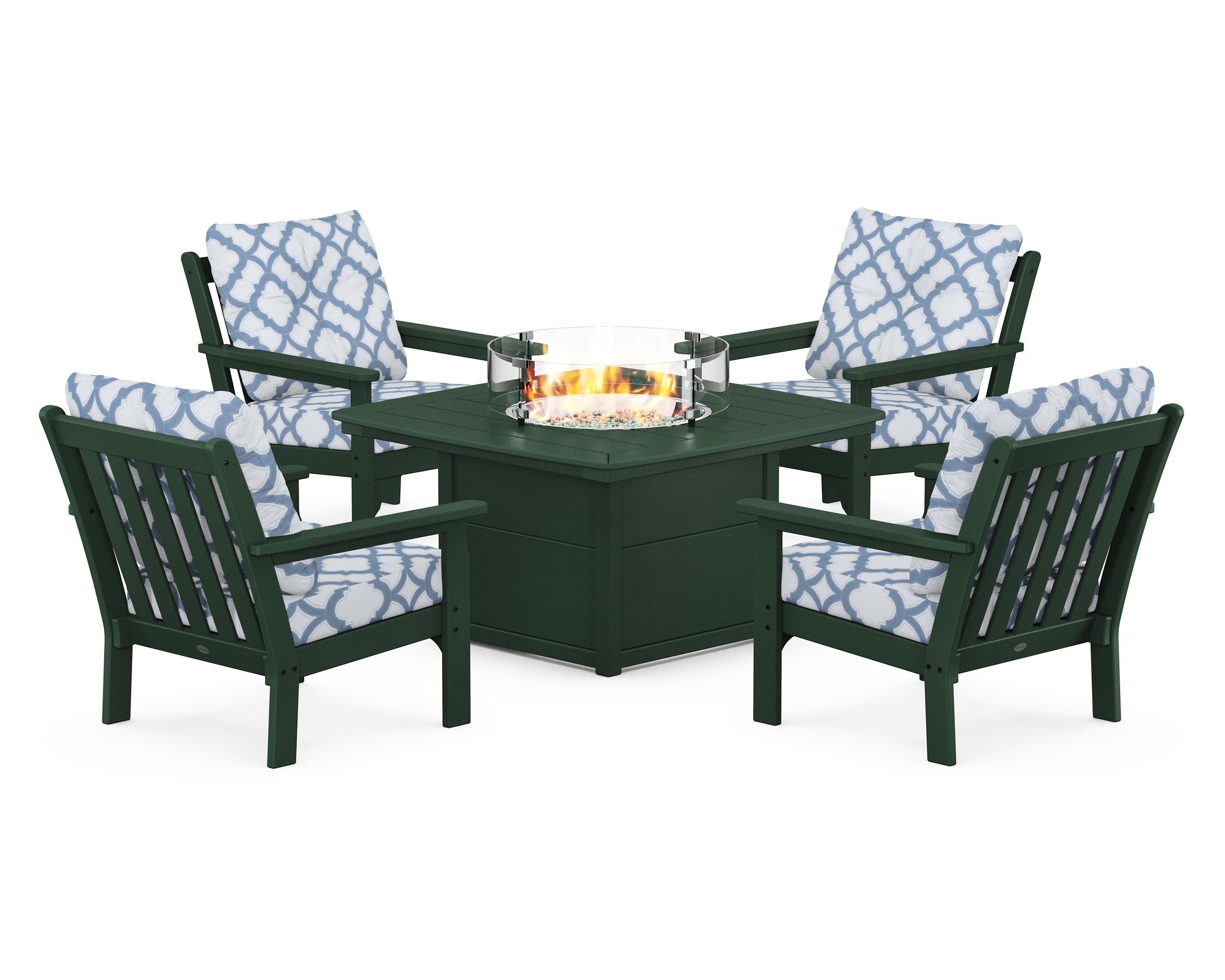 POLYWOOD® Vineyard 5-Piece Conversation Set with Fire Pit Table in Green / Trellis Sky Blue