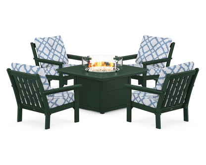 POLYWOOD® Vineyard 5-Piece Conversation Set with Fire Pit Table in Green / Trellis Sky Blue