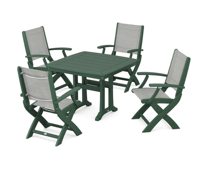 POLYWOOD® Coastal Folding Chair 5-Piece Dining Set with Trestle Legs in Green / Metallic Sling