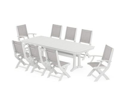 POLYWOOD® Coastal Folding 9-Piece Dining Set with Trestle Legs in White / Parchment Sling