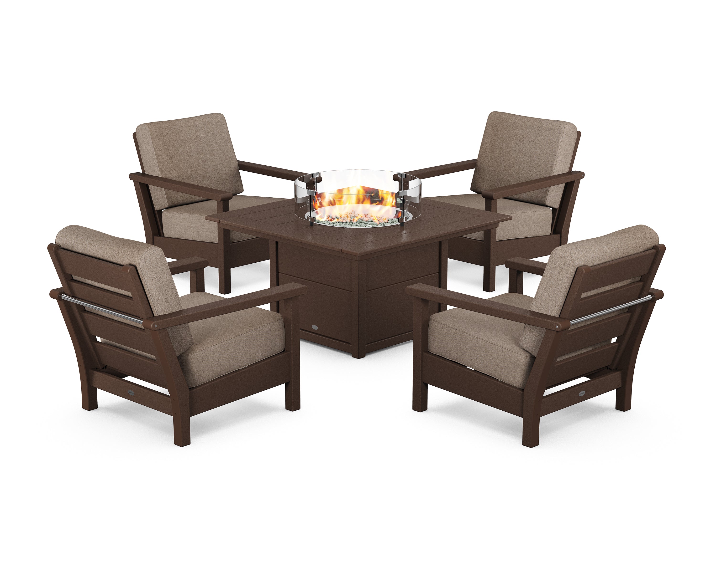 POLYWOOD® Harbour 5-Piece Conversation Set with Fire Pit Table in Mahogany / Spiced Burlap