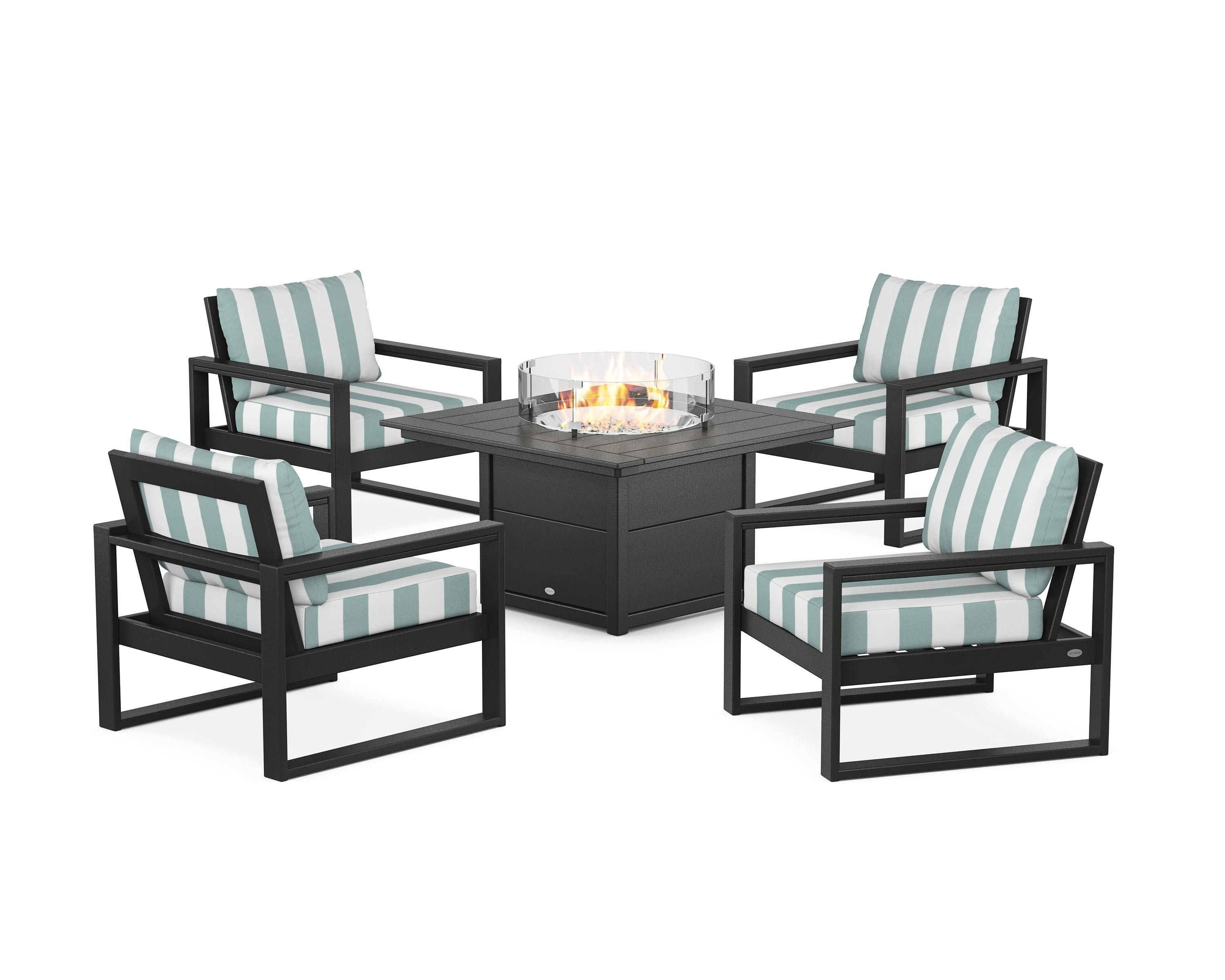 POLYWOOD® EDGE Sectional 5-Piece Deep Seating Set with Fire Pit Table in Black / Cabana Stripe Glacier Spa