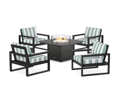 POLYWOOD® EDGE Sectional 5-Piece Deep Seating Set with Fire Pit Table in Black / Cabana Stripe Glacier Spa