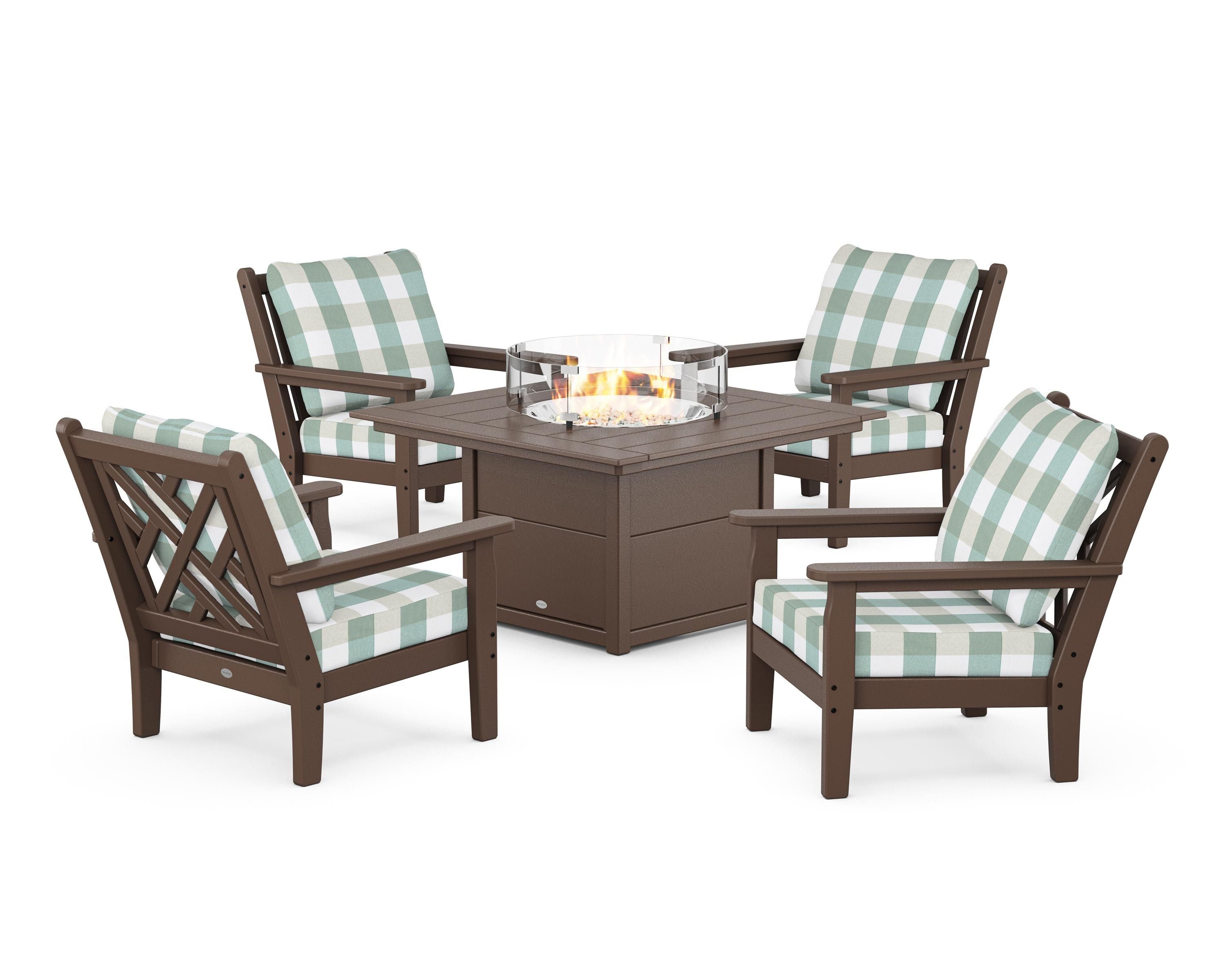 POLYWOOD® Chippendale 5-Piece Deep Seating Set with Fire Pit Table in Mahogany / Buffalo Plaid Glacier Spa