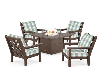 POLYWOOD® Chippendale 5-Piece Deep Seating Set with Fire Pit Table in Mahogany / Buffalo Plaid Glacier Spa