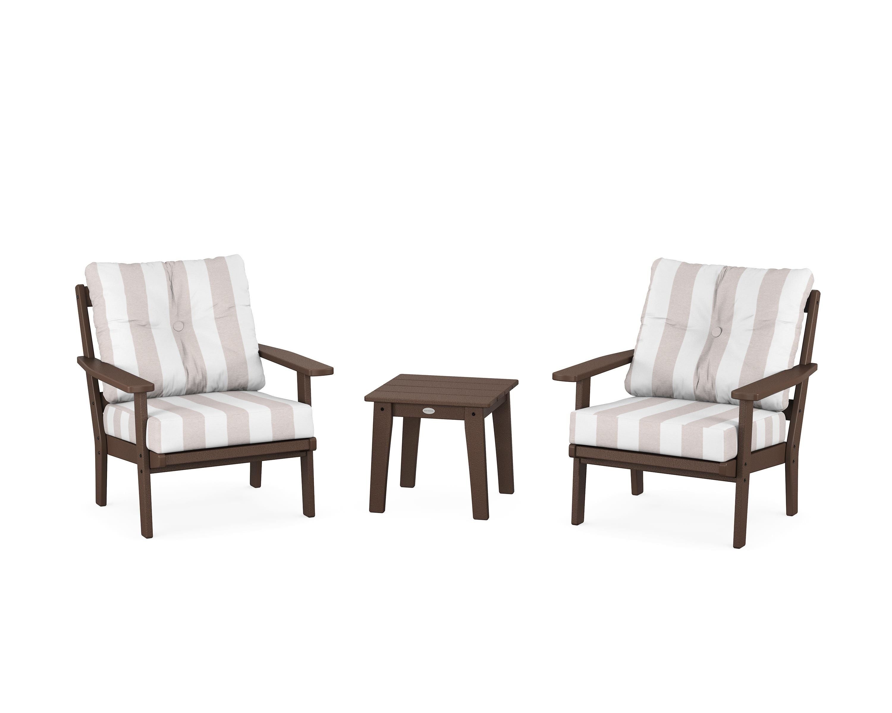 POLYWOOD® Prairie 3-Piece Deep Seating Set in Mahogany / Cabana Stripe Dune Burlap