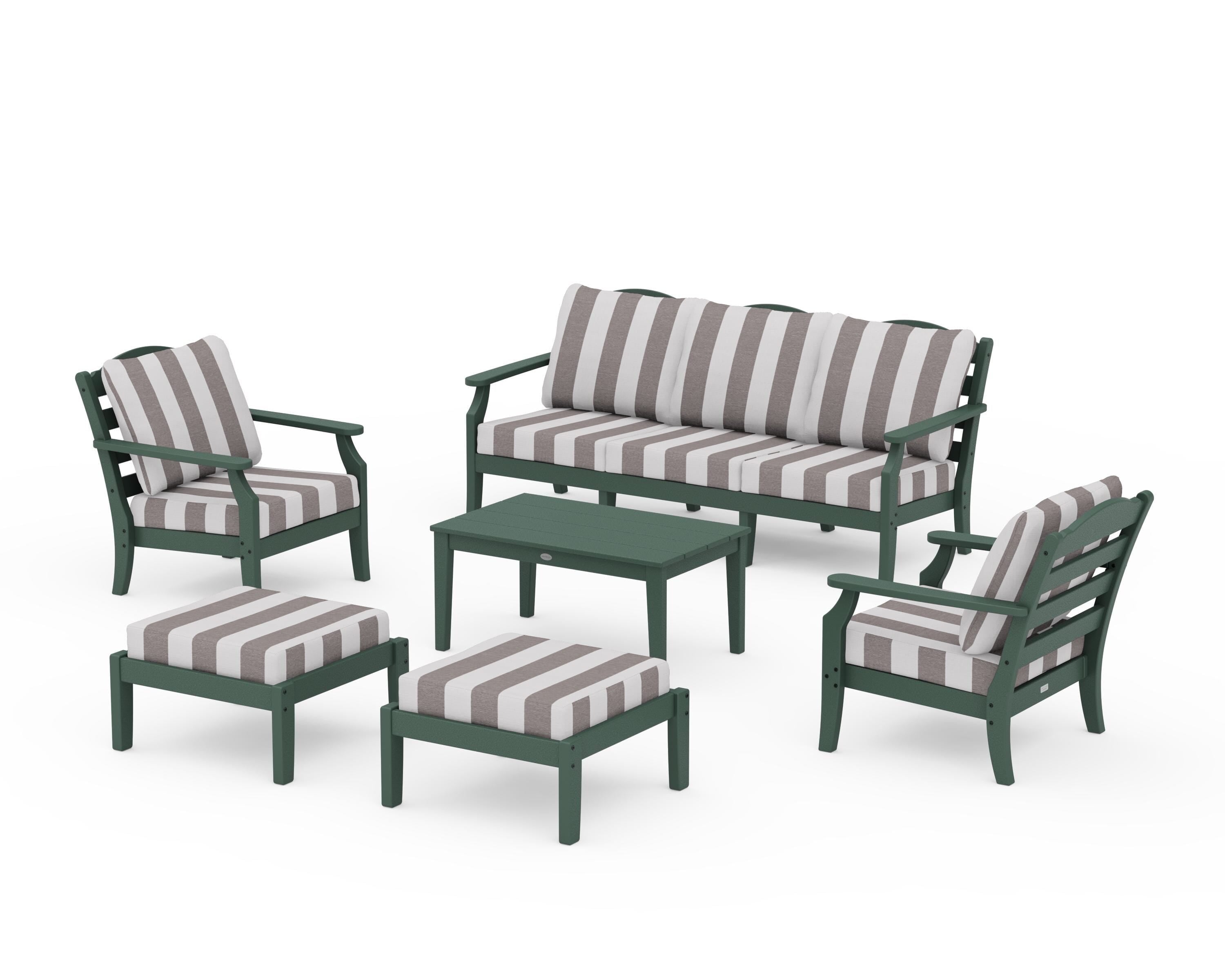 Draper James™ by  POLYWOOD® Savannah 6-Piece Lounge Sofa Set in Green / Cabana Stripe Grey Mist