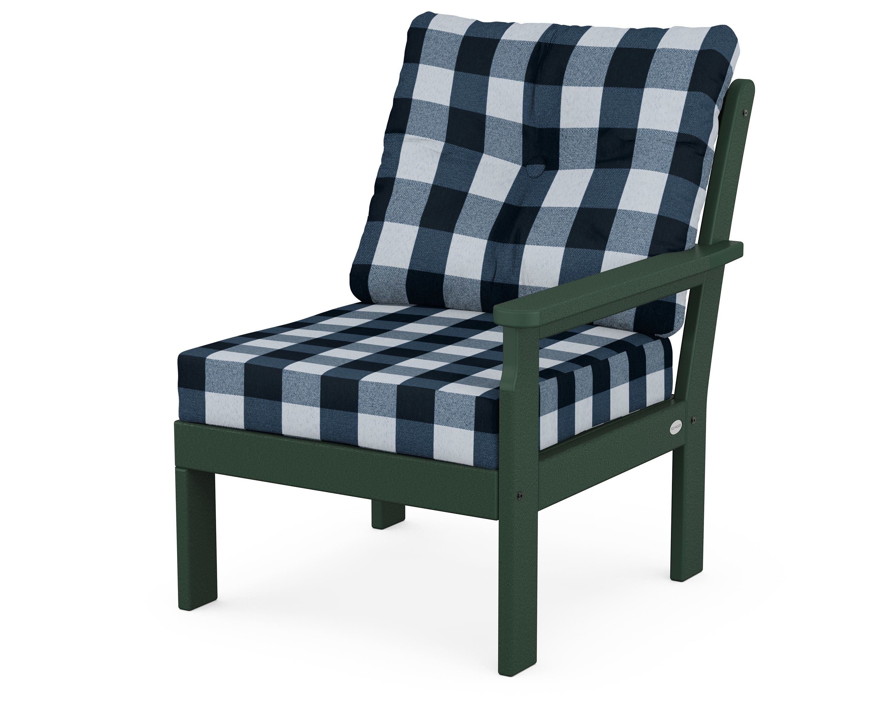 POLYWOOD® Vineyard Modular Right Arm Chair in Green / Buffalo Plaid Marine Indigo