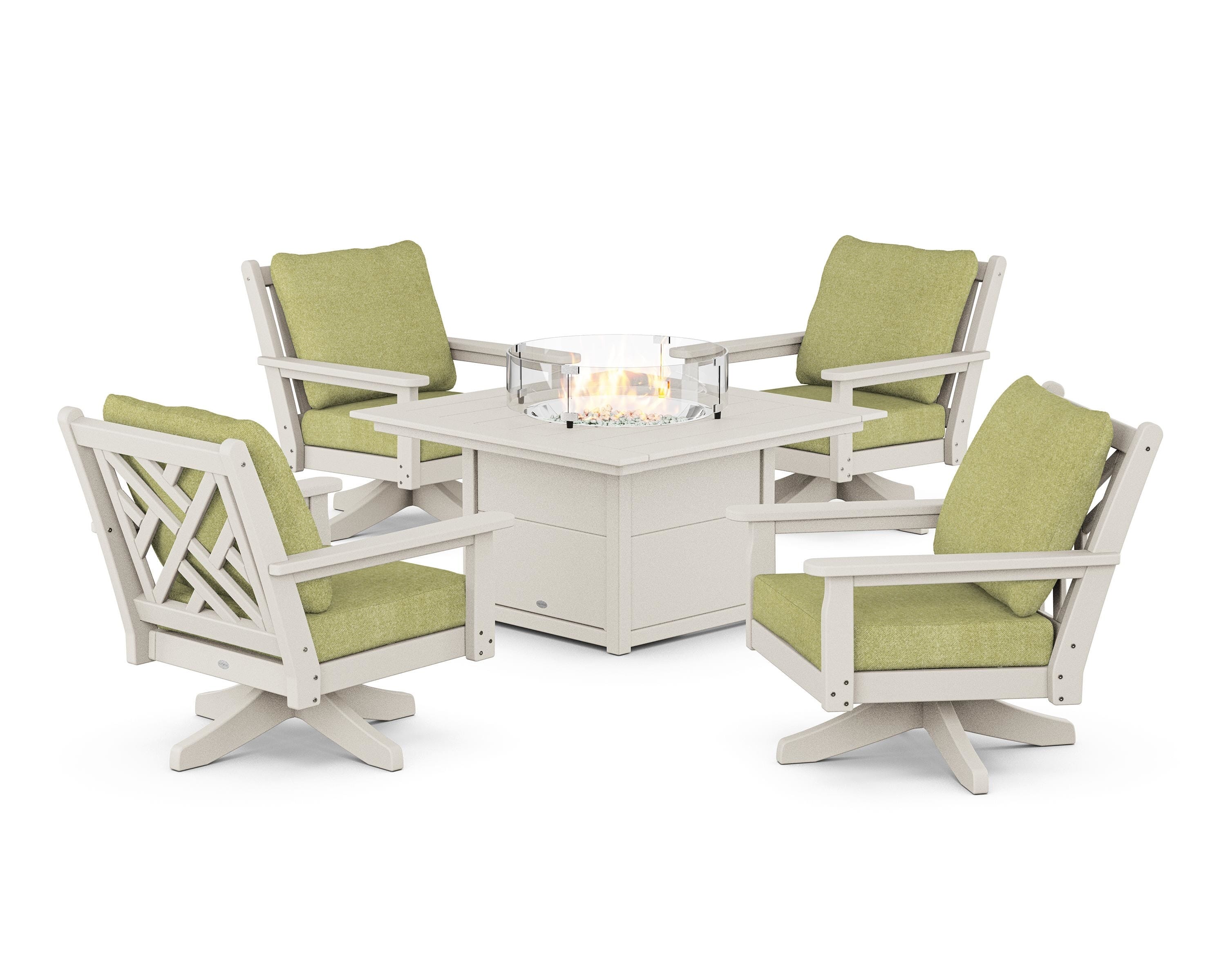 POLYWOOD® Chippendale 5-Piece Deep Seating Swivel Conversation Set with Fire Pit Table in Sand / Chartreuse Boucle