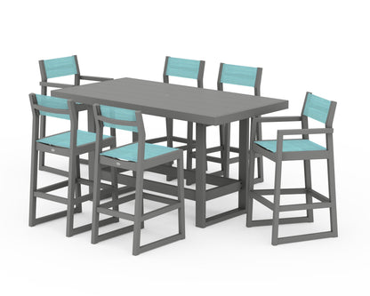 POLYWOOD® EDGE Sling 7-Piece Bar Table Set in Slate Grey / Dupioni Aquamarine Sling